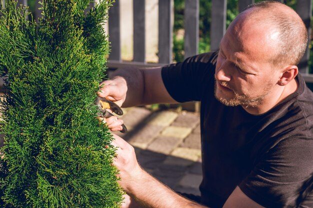 lifestyle-portrait-young-adult-bald-man-who-cuts-thuja-branches-with-pruner_349071-746-7653420